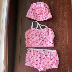 Janie & Jack Flamingo Two Piece Bathing Suit with Matching Cap, Sz. 18-24 Months